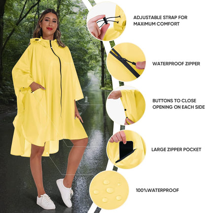 PTEROMY Hooded Rain Poncho for Adult with Pocket and Zipper, Waterproof Lightweight Raincoat for Men and Women