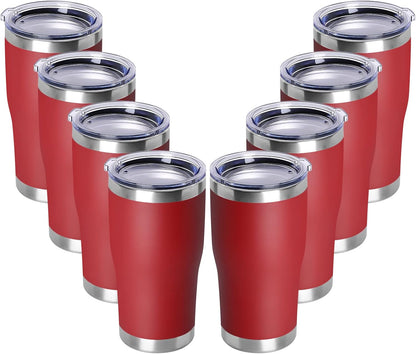 DOMICARE 20oz Tumbler with Lid Stainless Steel Tumblers Bulk, Double Wall Vacuum Insulated Coffee Travel Mug Powder Coated Tumbler, 8 Pack Red
