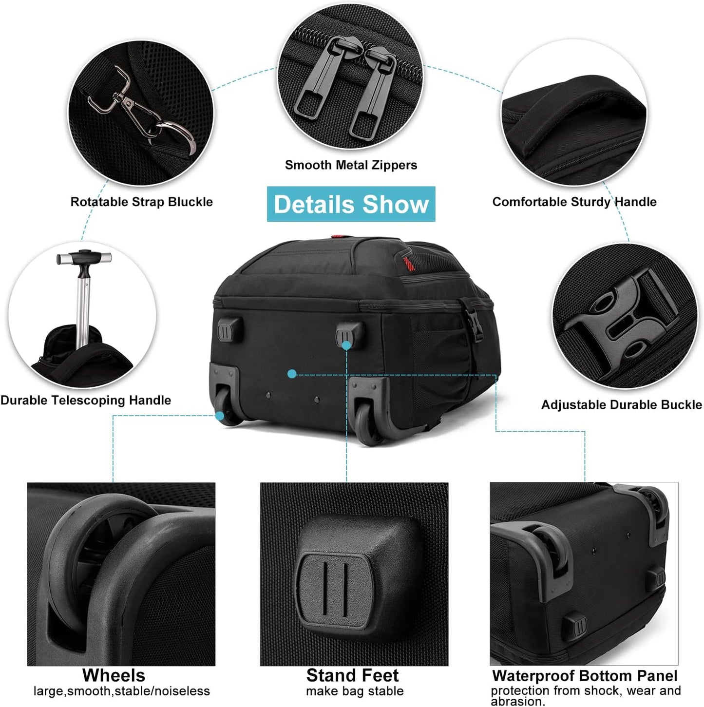 Rolling Backpack, Large Backpack with Wheels for Men Women Adults, 17inch Waterproof Wheeled Travel Laptop Backpack Carry on Luggage Bag Trolley Suitcase Business College School Computer Bookbag,Black