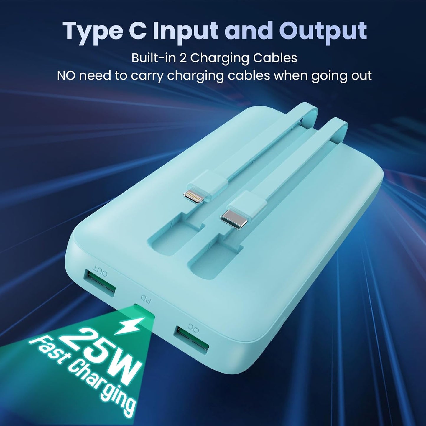 Portable Charger 40,800mAh Power Bank, 25W PD QC 4.0 Fast Charging Portable Phone Charger with Built-in Cables,LCD Display USB C Battery Pack Compatible with iPhone 16/15/14,Android Samsung (Green)