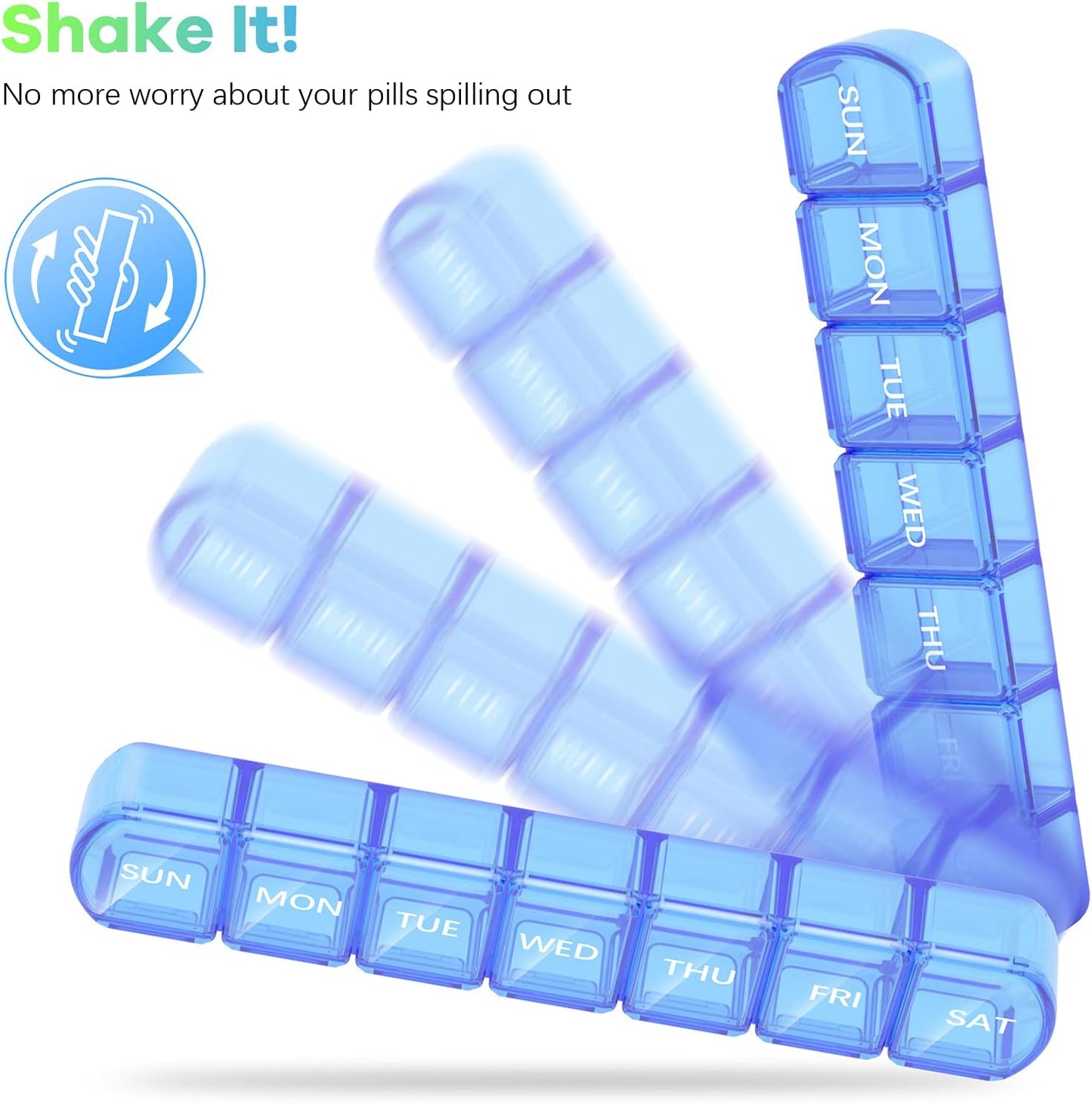 Extra Large Pill Organizer 2 Pack, XL Pill Box 7 Day, Weekly Pill Case with Large Capacity, Jumbo Organizer, BPA Free (Blue+Green)