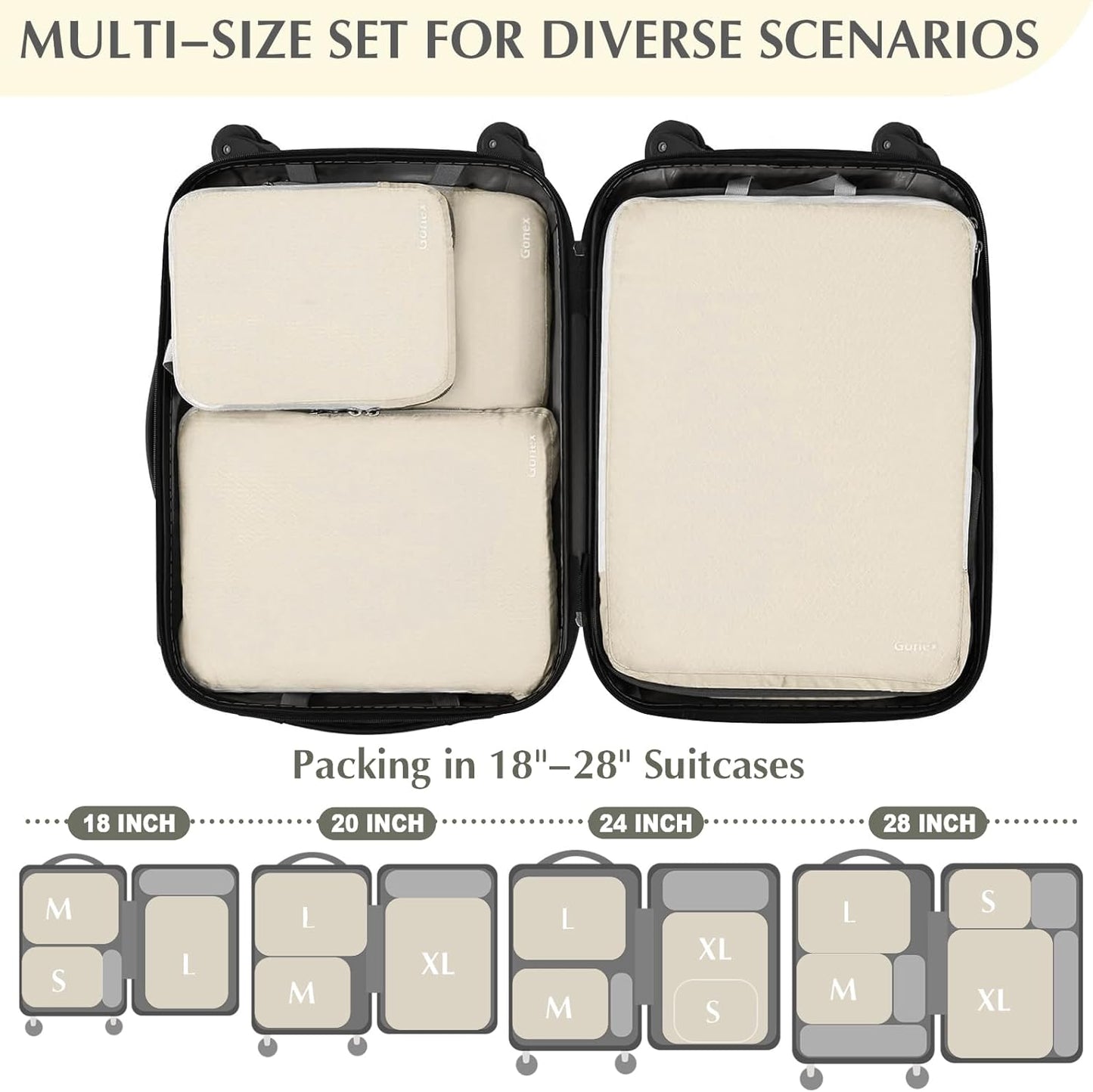 Gonex Compression Packing Cubes, 3pcs/4pcs Expandable Storage Travel Luggage Bags Organizers