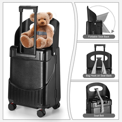 Ride On Luggage with Foldable Seat for Kids&Adults with Seat Belt,Hardshell Ride On Suitcase with Front Pocket,Lockable 4-Spinner Wheels,USB Port,TSA Lock,20 inch,Black