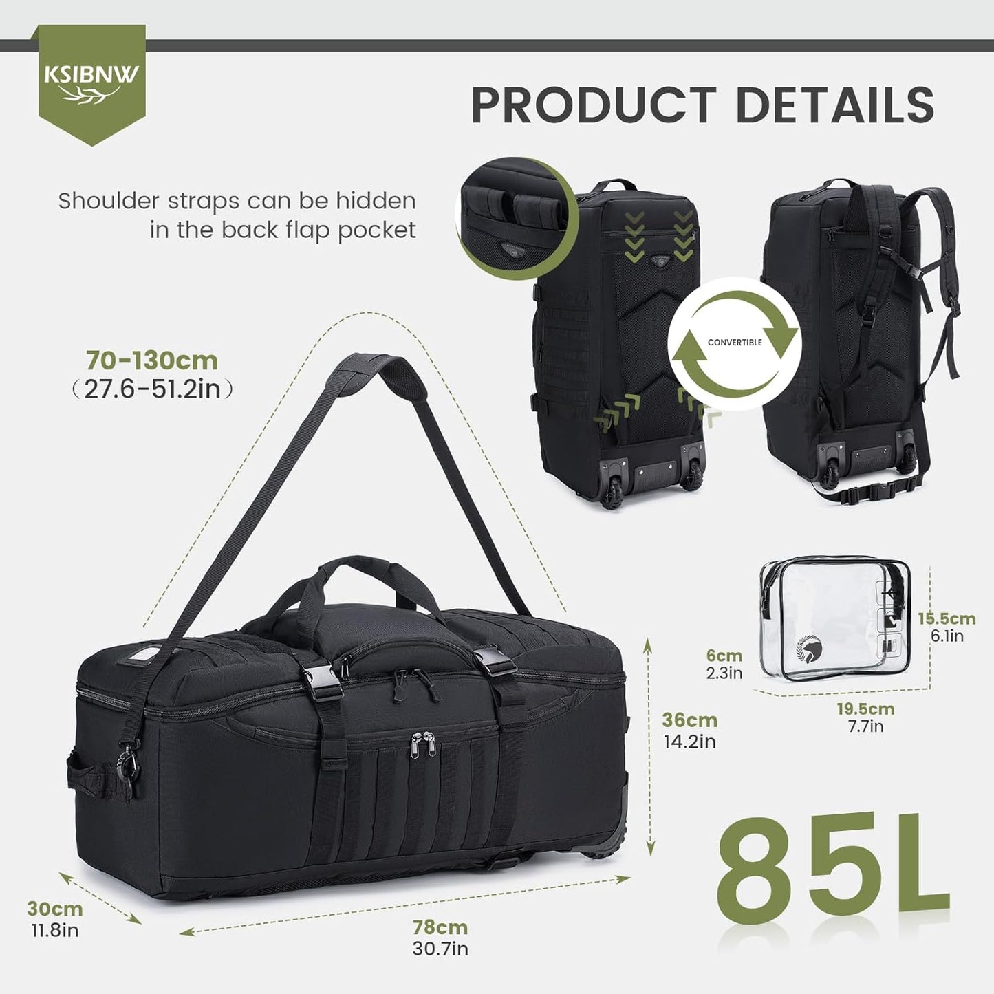 KSIBNW Rolling Duffel Bag with Wheels and Handle, 4 In 1 Tactical 86L Military Backpack with Hidden Straps,Waterproof Wheeled Large Duffle Bag for Travel,Durable MOLLE Luggage for Men & Women, Black