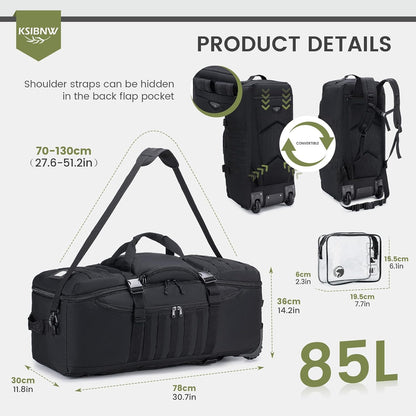 KSIBNW Rolling Duffel Bag with Wheels and Handle, 4 In 1 Tactical 86L Military Backpack with Hidden Straps,Waterproof Wheeled Large Duffle Bag for Travel,Durable MOLLE Luggage for Men & Women, Black