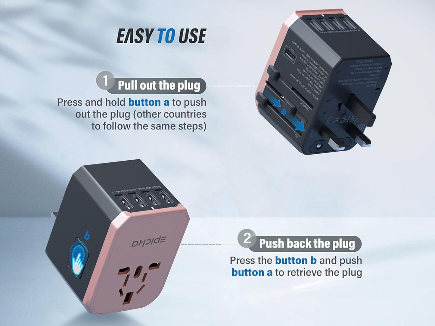 EPICKA Universal Travel Adapter, European Travel Plug Adapter - International Power Adapter Worldwide Charger with USB-C & 4 USB-A Ports, Travel Essentials for Italy, UK, Japan (TA-105, Rose Gold)
