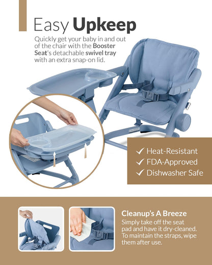 Feed Me 3-in-1 Travel High Chair Booster Seat for Infants and Toddlers - Transitional, Compact & Fits Any Chair, Swivel Tray, Airy Blue