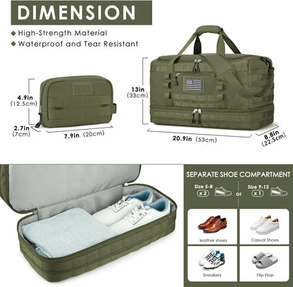ETRONIK Travel Bag for Men Women, Gym Bag & Tactical Duffle Bags for Travel, Carry on with Toiletry Bag and Shoe Compartment, Weekender Overnight Trip with Wet Pocket for Workout Medical, Green