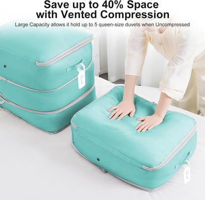 Comforter Storage Bag - Large Capacity Blanket Storage Bags 3-Layer Ultra Space Saving Self Compression Organizer, Washable Compression Bags for Storage Comforter Blanket, 2-Pack, Blue