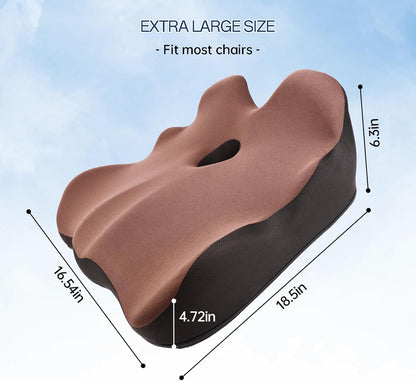 Seat Cushion, X-Large Memory Foam Office Chair Cushion, for Pressure Relief Sciatica & Pain Relief for Long Sitting Hours on Office/Home Chair, Car (Brown)