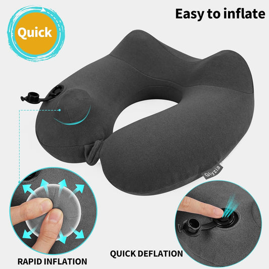 2 Pack Inflatable Travel Neck Pillows for Airplanes, Head Support Velvet Adult Neck Pillows for Long Flight, Kit with Eye Mask, Earplugs and Storage Bag, 2, Dark Gray