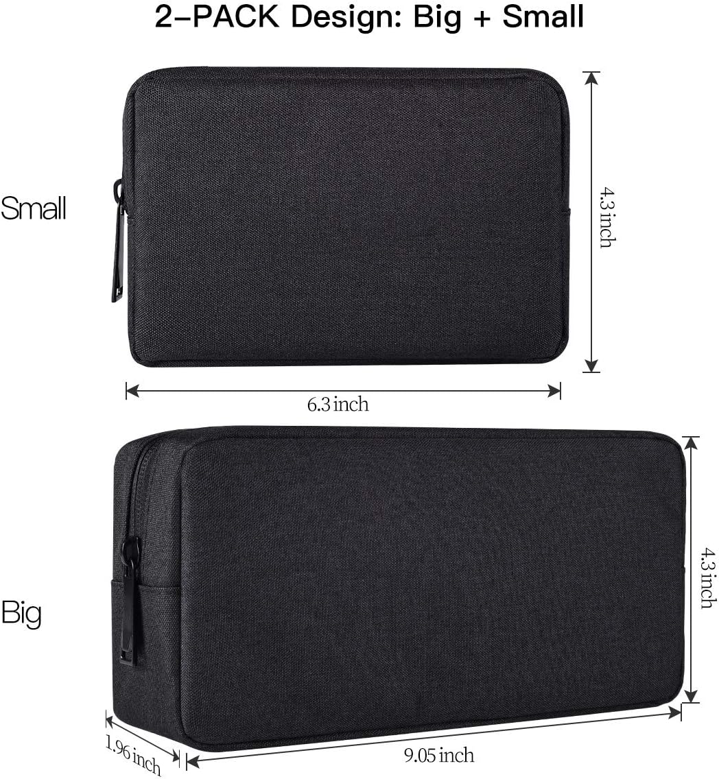 imComor Universal Electronics Accessories Case, 2-Pack Portable Soft Carrying Case Bag Wire Cable Organizer for Hard Drive, Power Adapter, Laptop Mouse, Cosmetics Kit, Small+Big-Black