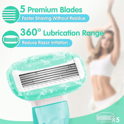 DreamGenius Travel Razors for Women Include 1 Handle and 5 Cartridges, Extra Smooth 5-Blade Travel Essentials Razor with Case for Shaving, Green
