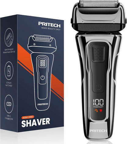 PRITECH Foil Shaver for Men, Electric Razor with Tight Foil Technology, Skin-Friendly Design, Easy Blade Replacement, Cordless Rechargeable with Pop-Up Trimmer, LED Display,Waterproof