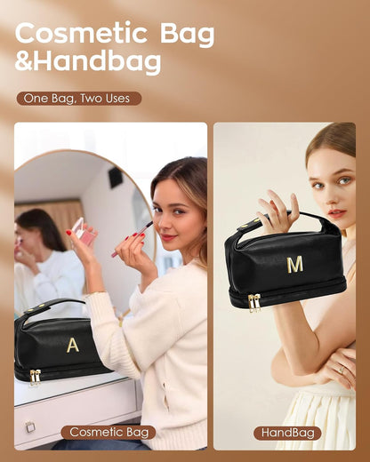 Makeup Bag Personalized Bags with Handle, Waterproof Double Layer Cosmetic Bag, Large Capacity PU Leather Makeup Bags Letter Travel Toiletry Bag with Makeup Brush Organizer