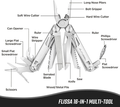FLISSA Multitool, 16-in-1 Multitools with Sheath, Stainless Steel EDC Multitool, Pocket Knife, Bottle Opener, Screwdriver, Pocket Multi-Tool for Camping, Handwork, Hunting, Hiking, Fishing