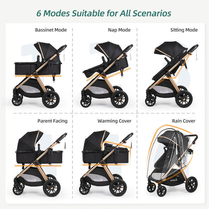 6-in-1 Convertible Baby Stroller with Bassinet Pushchair - Folding Infant Newborn Stroller w/Footmuff, Rain Cover, Cup Holder & Large Storage, Toddler w/All-Scene Large Wheels, Reversible Seat(Black)