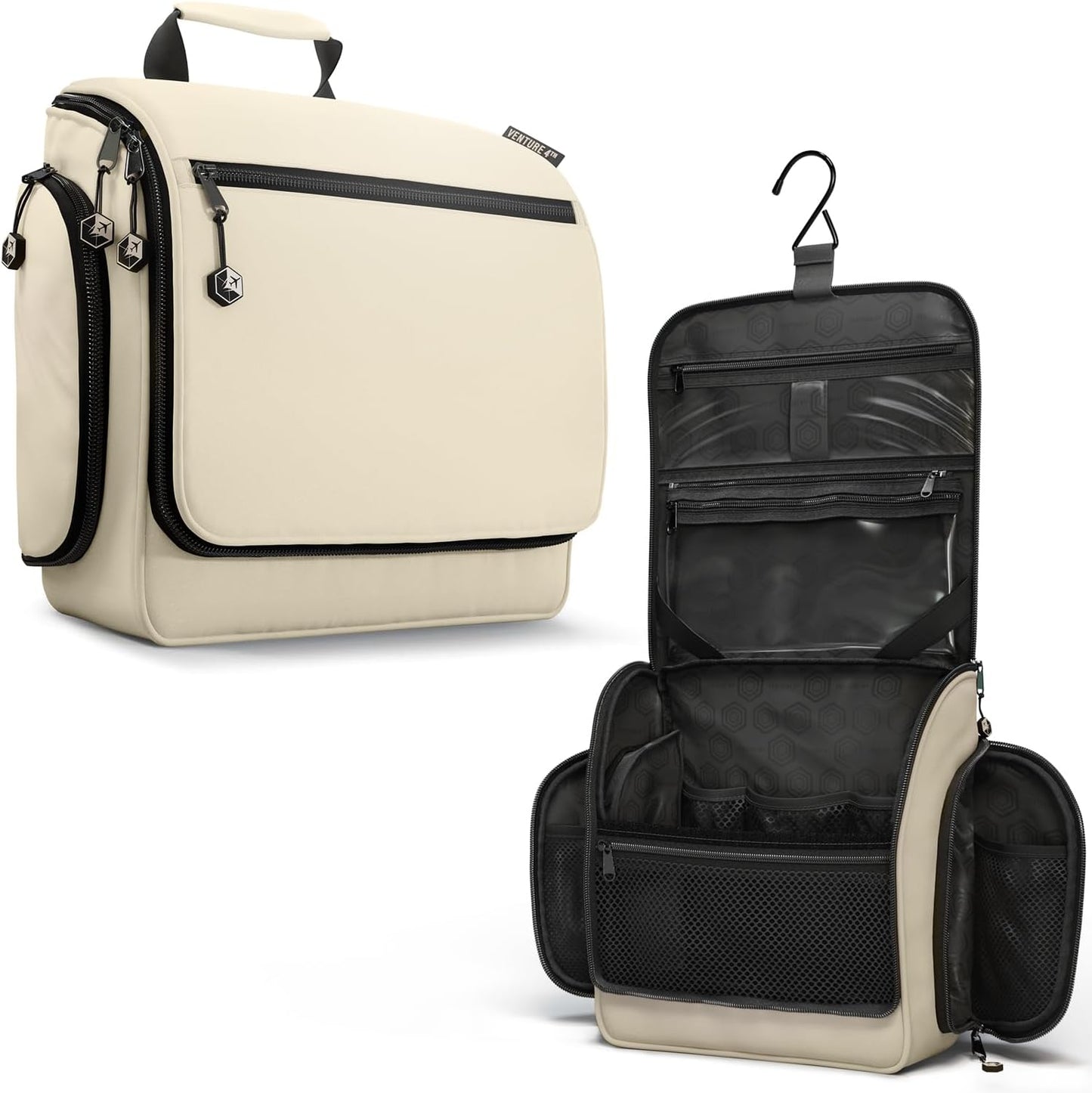 VENTURE 4TH Hanging Travel Toiletry Bag for Women & Men - Travel Organizer with Expandable Compartments & Removable Clear Pouch for Toiletries (Beige)