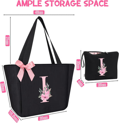 Vavabox Tote Bag, A-Z Initial Monogrammed Waterproof Tote Bag, Bridesmaid Gifts for Women, Black and Pink