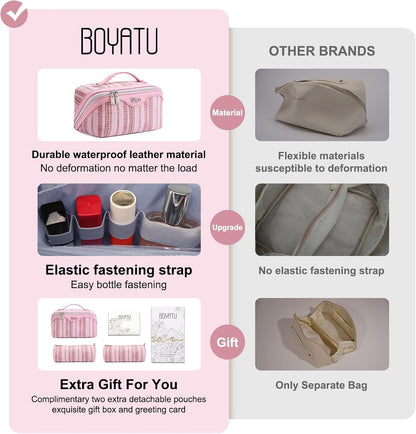 Travel Makeup Bag for Women: Large Capacity Open Flat Make up Bag Set of 3 - Vegan Leather Cosmetic Bag with Compartments - Waterproof Toiletry Bag with Handle & Divider(Pink)