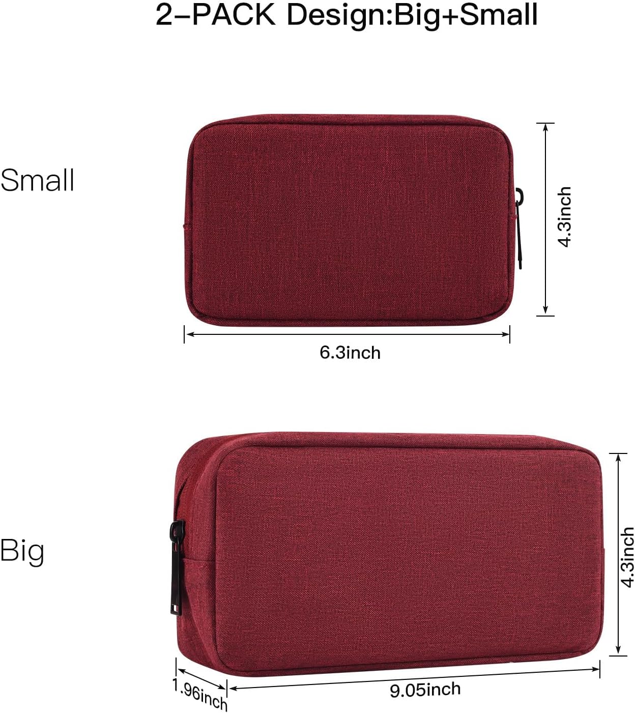 imComor Universal Electronics Accessories Case Bag, 2-Pack Portable Soft Carrying Case Bag Pouch Wire Cable Organizer for Hard Drive, Power Adapter, Laptop Mouse, Cosmetics Kit, Small+Big-Wine Red