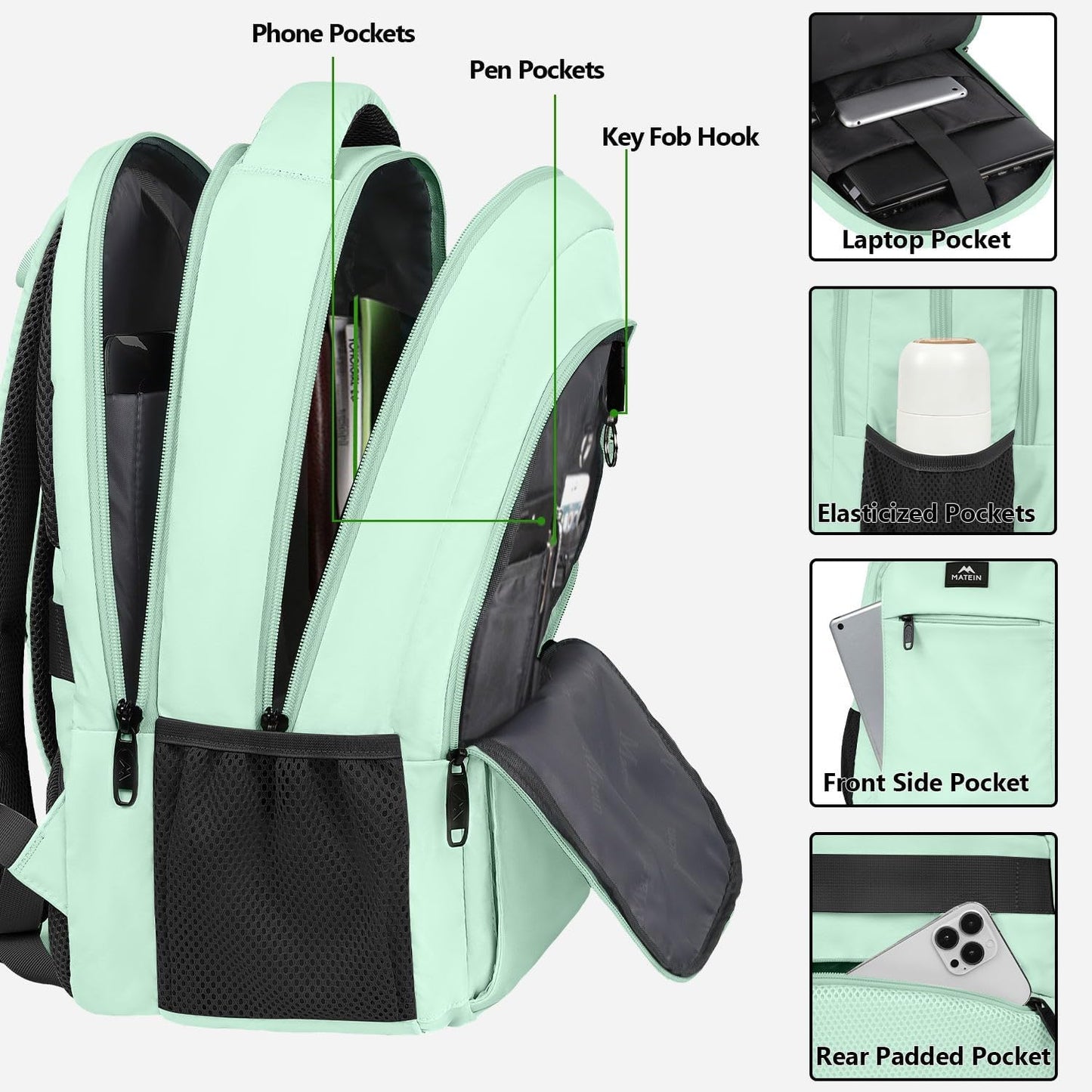 MATEIN 15.6-Inch Laptop Backpack with USB Charging Port, Slim Lightweight Water Resistant Travel Backpack for Women