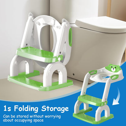 Potty Training Seat for Toddlers - Upgrade 2-in-1 Toilet Seat Toilet Ladder for Kids Children Boys Girls, Anti-Slip Pad & Adjustable Height with Waterproof PVC Cushion - Green
