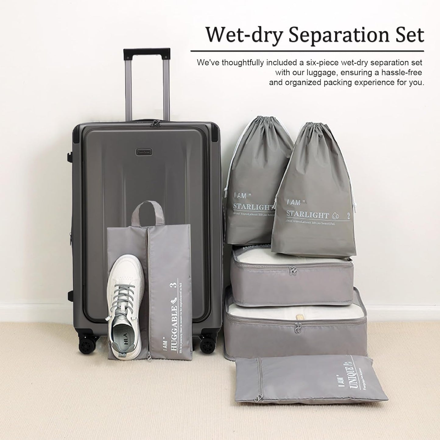 Premium Carry On Luggage, 29 Inch Top Opening Aluminum Frame Airline Approved ABS+PC Hard Shell Suitcases with Silent Wheels, TSA Lock, Front Pocket & Wet-dry Separated Six-piece set