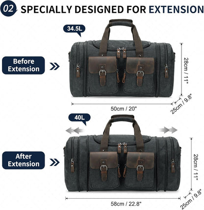 Canvas Duffle Bag with Genuine Leather Accents, Expandable 20-23 Inch Travel Weekender, Multiple Pockets, Black