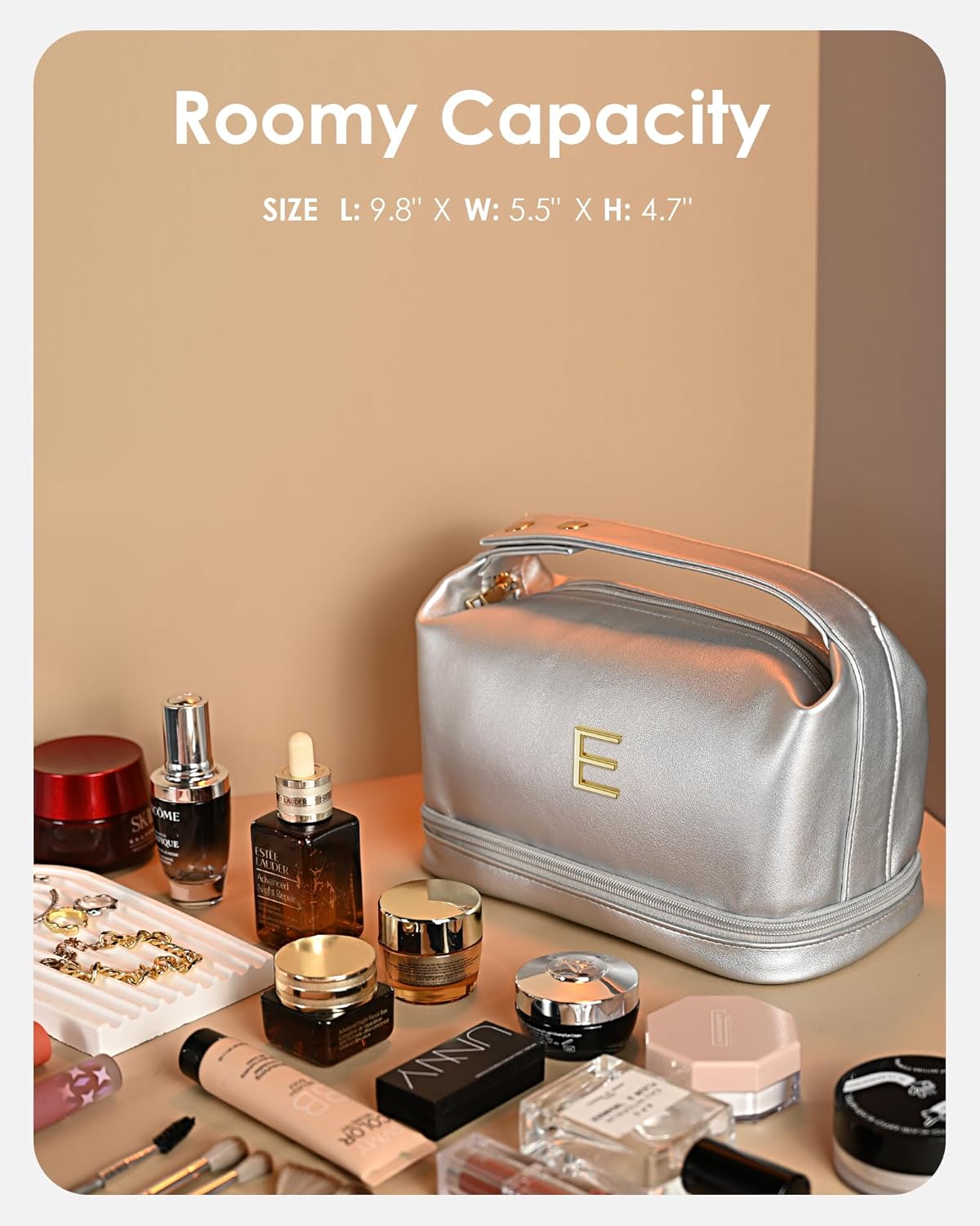 Gifts for Women, Personalized Makeup Bag Organizer with Handle, Initial Double Layer Cosmetic Bag with Makeup Brush Organizer, Cute Cosmetic Pouch for Women, Gifts for College Girls