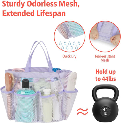 F-color Mesh Shower Caddy Portable, Upgrade Deeper 7 Pockets Shower Bag Basket Tote for College Dorm Room Toiletry Bathroom Essentials Gym Camp Quick Dry 2 handles with S Hook, Purple