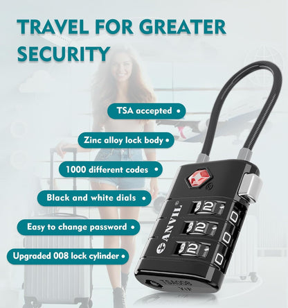 ANVIL TSA Approved Luggage Locks – High Security TSA008 Combination Travel Locks with Inspection Indicator for Suitcases and Backpacks. (8, Black)