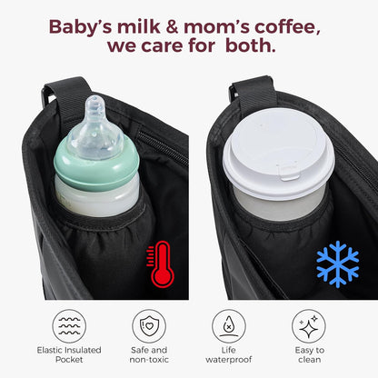Momcozy Universal Stroller Organizer | Minimalist Caddy with 2 Insulated Bottle Holder | Silicone Anti-Slip Straps | Detachable Mini Pouch | Durable Dense-Weave, Fits for UPPAbaby/Doona & More