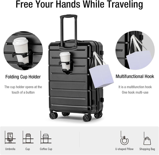 KYME 26 Inch Luggage TSA Approved Hardshell 26" Suitcases with Spinner Wheels Durable Medium Travel Checked Luggage with Cup Holder for Women Men Black