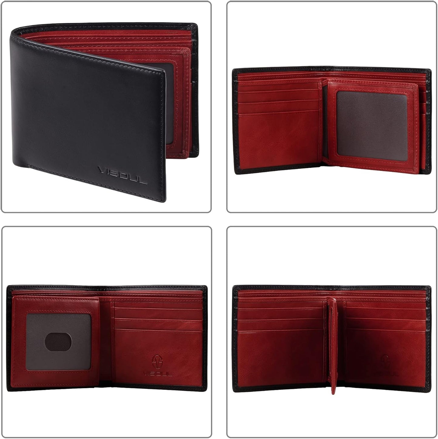 VISOUL Mens Bifold Wallet with 2 ID Windows and 2 Money Compartments, Genuine Leather Designer Wallet with RFID Blocking for Men Two Tone (Black and Burgundy)