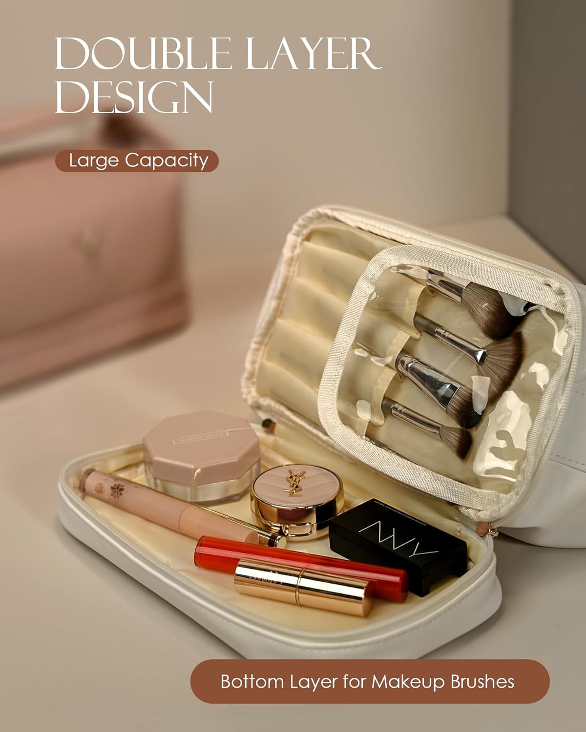 Women Birthday Gifts, Personalized Makeup Bag with Handle, Initial Double Layer Cosmetic Bag with Makeup Brush Organizer, Cute Cosmetic Pouch for Women, Gifts for Friends Female Mom
