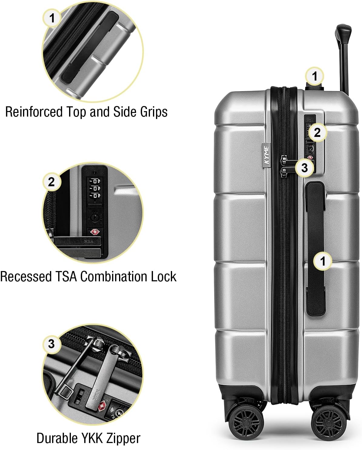 KYME Luggage Sets 3 Piece Hardshell 22in/26in/30in Suitcases with Spinner Wheels Hardside Suitcase Sets with TSA Lock Travel Rolling Luggage Set for Women Men Silver Grey