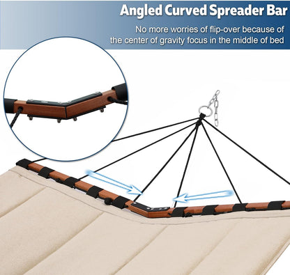 12FT 2 Person Hammock TegerDeger Large Hammock 450LB Capacity with V Shaped Hardwood Spreader Bar & Nylon Rope for Outside, Patio, Garden, Backyard, Beach, Poolside - Dark Green
