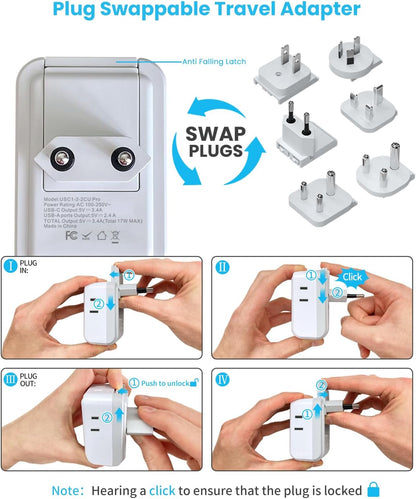 VINTAR Universal Travel Adapter Kit, International Power Adapter with 3 USB Ports (2 USB C) 4 AC Outlets, Type A,C,G,D,I,M Detachable Attachments, Travel Adapter Worldwide for US/EU/UK/India/Africa