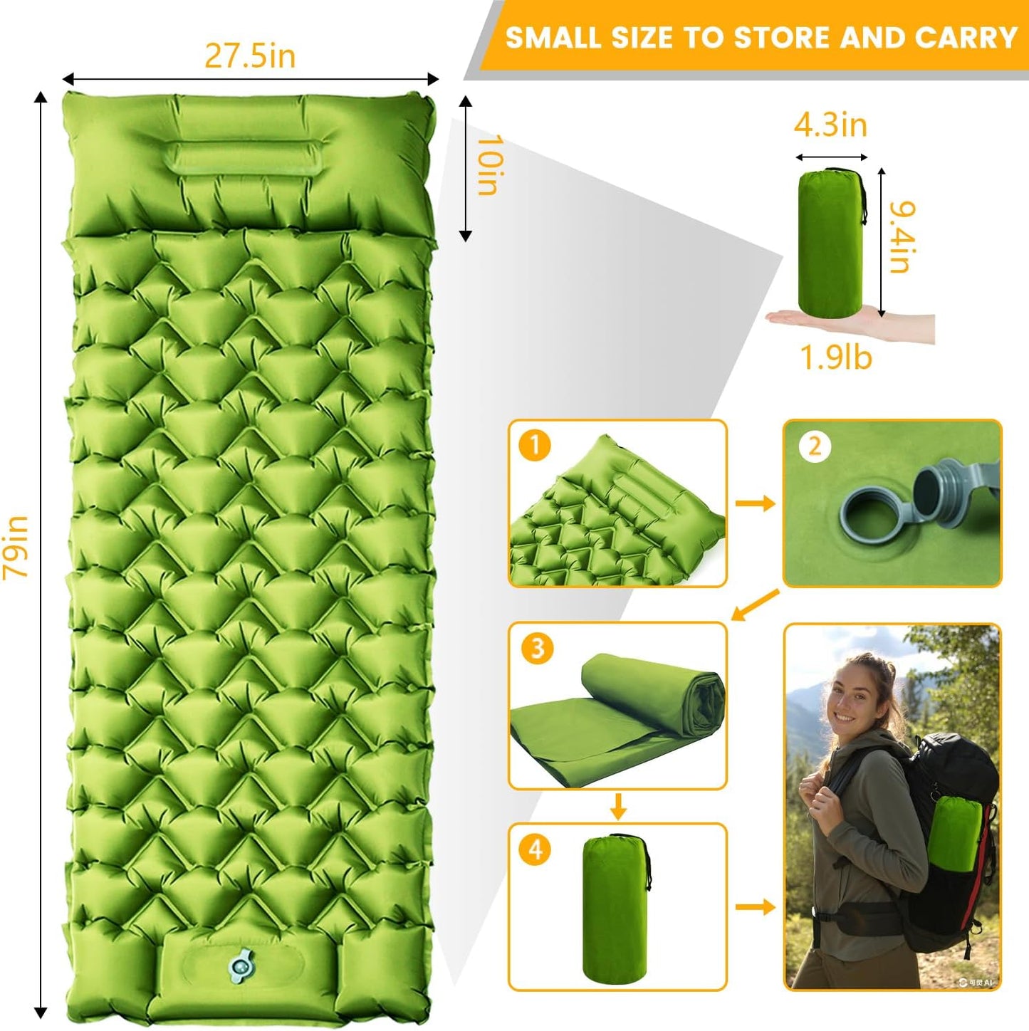 Camping Sleeping Pad, Ultralight Camping Mat with Pillow Built-in Foot Pump, Inflatable Sleeping Pads Compact for Travel, Camping Backpacking Hiking Tent Car Camp Gear