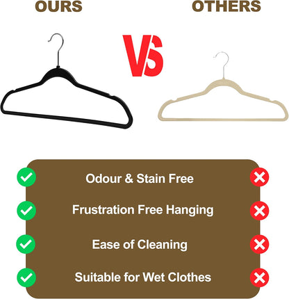 Quality Hangers 50 Pack Slim Plastic Hangers for Clothes - Heavy Duty Non-Velvet Black Hangers with 360° Swivel Chrome Hook & Non Slip Notches - Ideal for Dresses Coats Shirts Jackets & More - Black