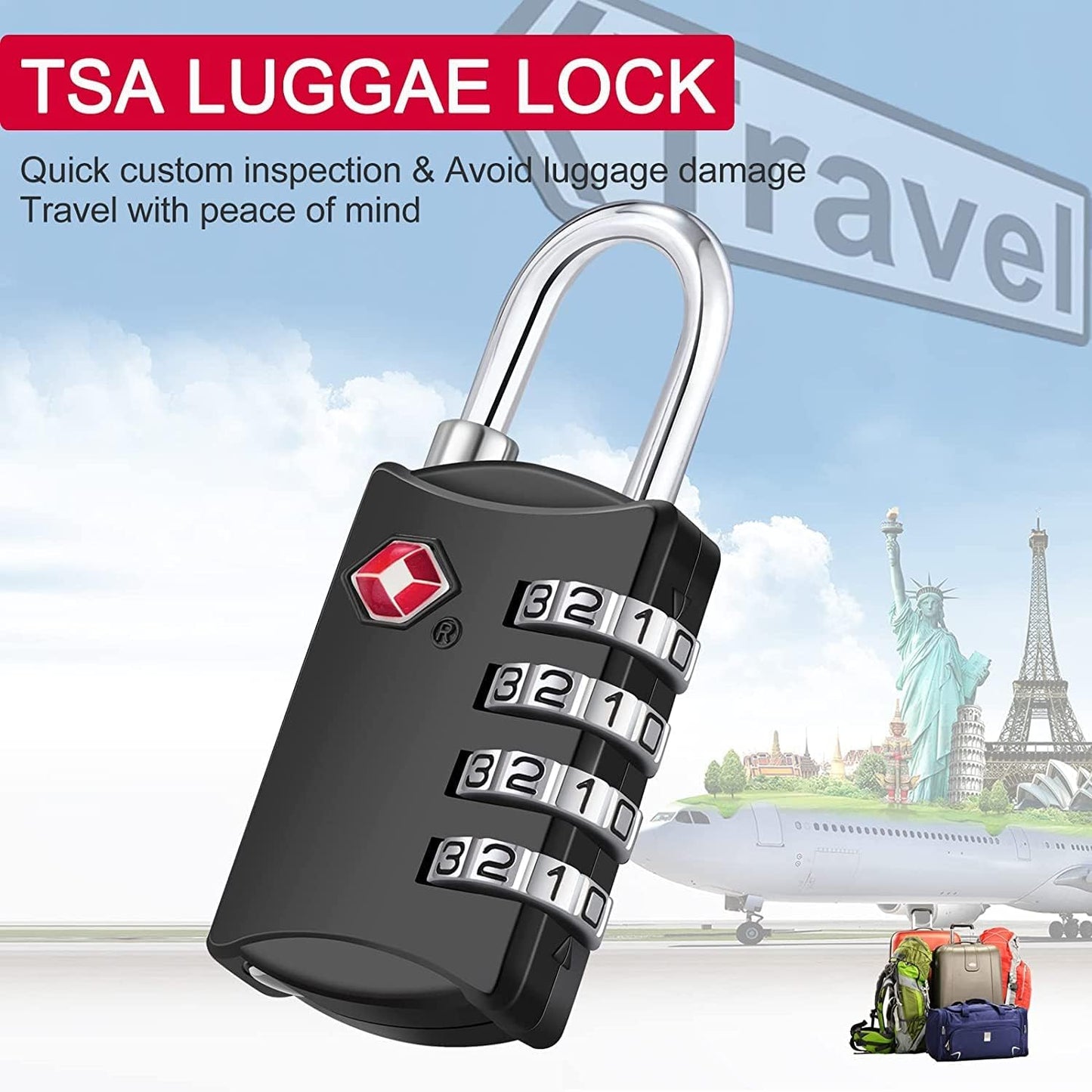ZHEGE Travel Locks 2 Pack, Luggage Locks for Train, 4 Digit Combination Locks for Suitcase, Backpack, Briefcase Zipper (2 Pack, Black and Silver)