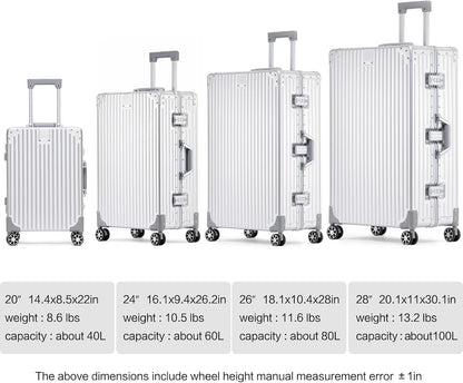 Metal All Aluminum Carry-on Luggage TSA Customs Lock Zipperless Silent Rotary Wheel Business Suitcase Aluminum Frame Set (blue, 26 '')