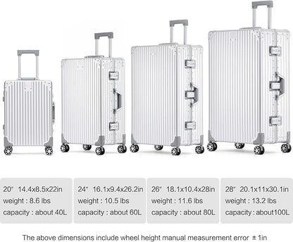 Metal All Aluminum Carry-on Luggage TSA Customs Lock Zipperless Silent Rotary Wheel Business Suitcase Aluminum Frame Set (silvery, 2Piece(20/28))