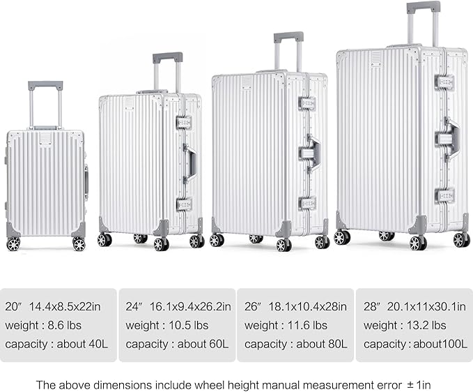 Metal All Aluminum Carry-on Luggage TSA Customs Lock Zipperless Silent Rotary Wheel Business Suitcase Aluminum Frame Set (black, 26 '')
