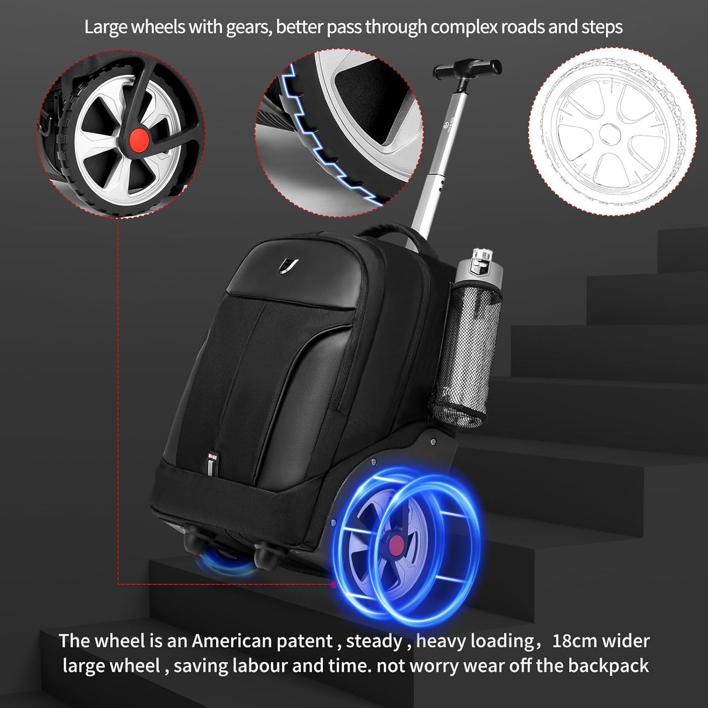 Rolling Backpack,Waterproof Backpack with Wheels for Business and Travel Commuter, Carry on Backpack with Laptop Compartment, Fit 17 Inch Laptop, Wheeled Backpack for Adults