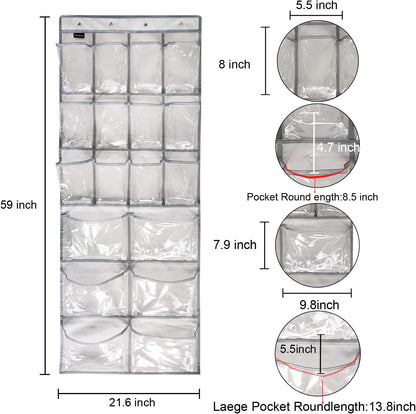 2 Pack Extra Large Hanging Crystal Clear Over Door Shoe Organizers, Closet Shoe Rack Organizer, 12+6 Pockets, 8 Hooks, Grey (59" x 21.6")