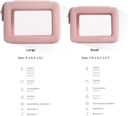 Aveniee Clear Makeup Bag Organizer Set,Portable Travel Toiletry Case for Women, Vegan Leather Cosmetic Pouch Car Bag for Essentials 2pcs,Middle & Large,Pink