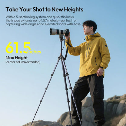 ULANZI Ombra Video Ⅱ Camera Tripod with Fluid Head, 61.5" Travel Tripod with 360° Rotated Arca Quick Release Plate, Portable Stand for Phone Camera Vlogging Video Shooting with Carry Bag Phone Clamp