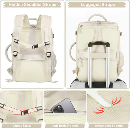 Hanples Large Travel Backpack for Women, 40L Carry on Luggage Backpack, College Laptop Backpack Airline Approved Business Work Bag Fits 17 Inch Computer for Men with 2 Toiletry Bags (Beige)